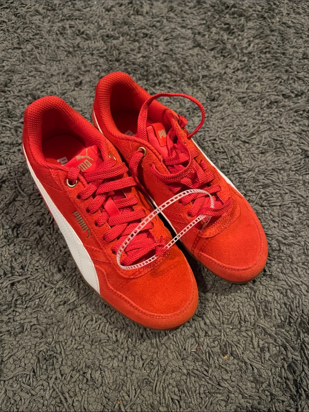 Puma Kids Red Suede Sneakers with White Side Stripe